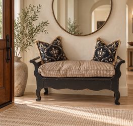 Distressed Black Wooden Entryway Bench with Cushion