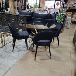 Round Glass Table + 4 Black Velvet Chairs