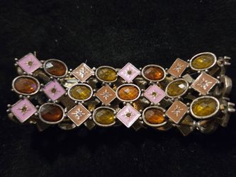 Vintage-Style Victoria Bracelet featuring Geometric Designs with Pink Enamel and Amber Colored Glass Inserts