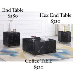 Black Marble With Silver Accent Trim Coffee Table $520 End Table $280 Hexagon End Table $320 Brand New In Box Firm Prices