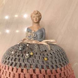 Antique Half Doll Pin Cushion Figure Satin Silk Lace Germany