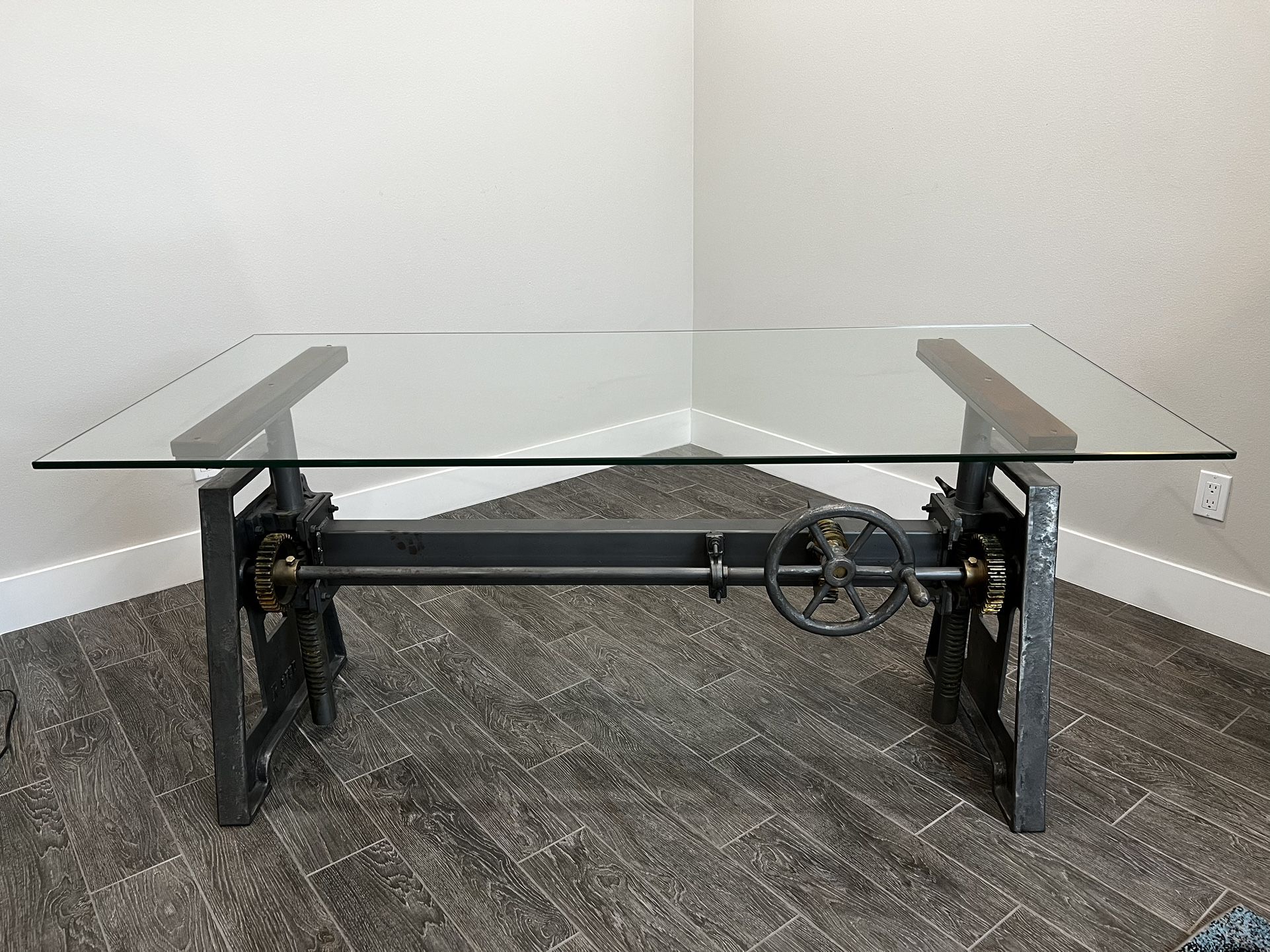 Arhaus Industrial Crank Desk With Glass Top And Iron Base