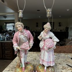 Pair Of Antique Porcelain Figures Lamps Need Rewired French Provencial