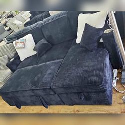 Black Corduroy sectional Pull out sofa bed sleeper sofa with USB and cup holders