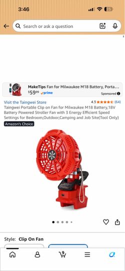 Taingwei Portable Clip on Fan for Milwaukee M18 Battery, 18V Battery Powered Stroller Fan with 3 Energy Efficient Speed Settings for Bedroom,Outdoor,