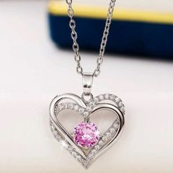Silver Heart Necklace With Pink Jewel