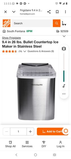 Frigidaire
9.4 in 26 lbs. Bullet Countertop Ice Maker in Stainless Steel