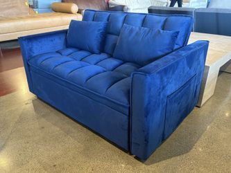 Plush Ocean Blue 3-in-1 Transitional Sleeper Sofa w/ Pull Out Footrest