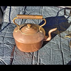 Antique Copper Tea Kettle With Wooden  Handle