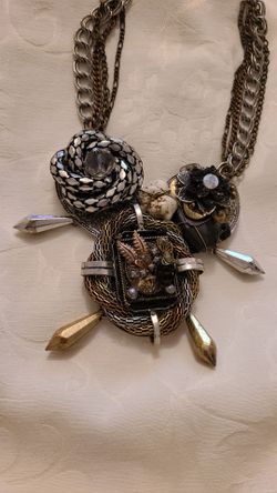Nicky Butler Mixed Metal Statement Necklace Crystals Abalone Howlite Charms 21" 148g
