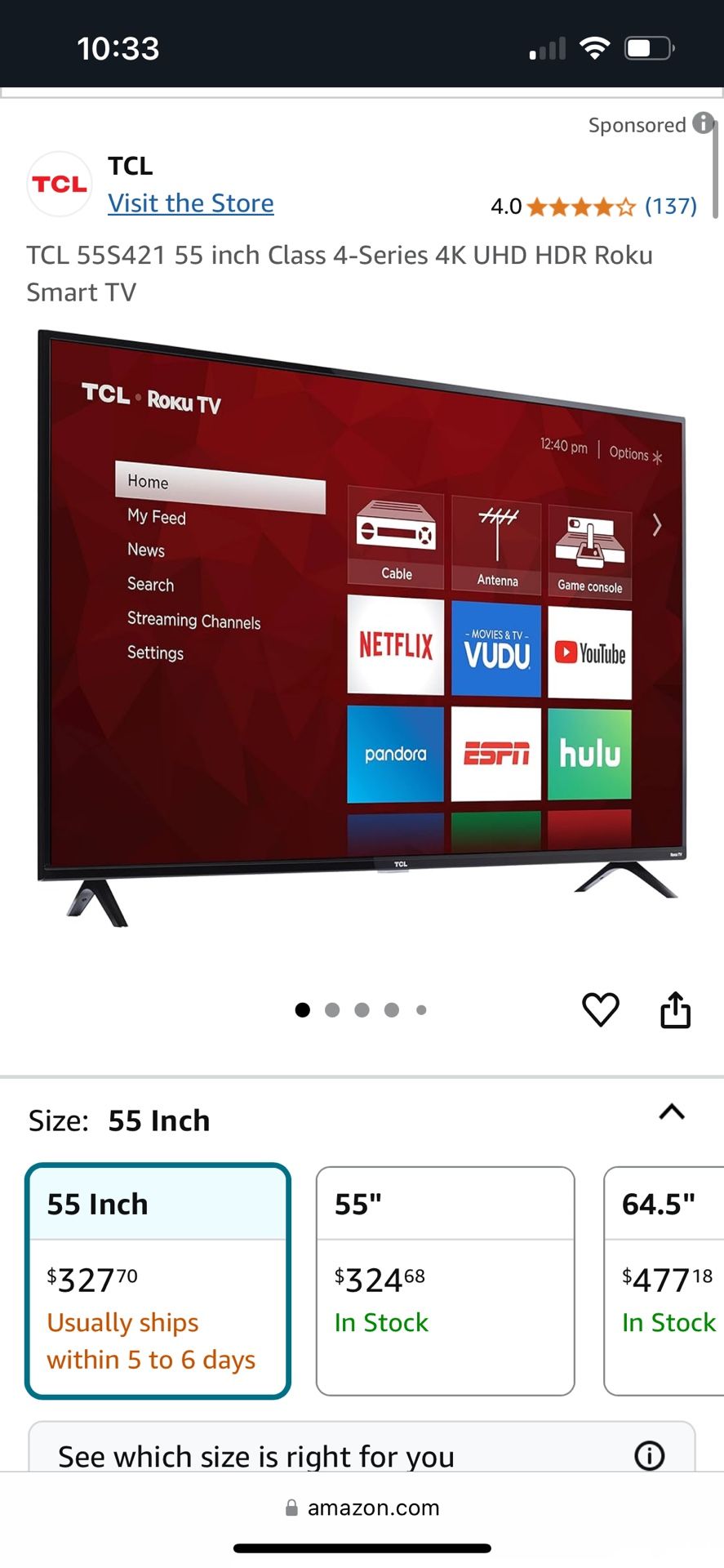 TCL 55” 4k Smart Roku Tv