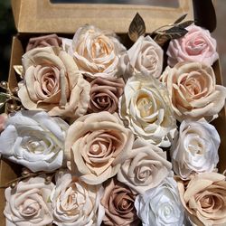 Box of boho beige white light brown ivory flowers roses, for DIY flowers party arrangements