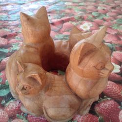 Hand Carved Wood Cat Art