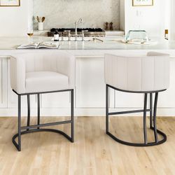 649  26.4" H Counter Height Bar Stools Set of 2, Modern Barrel Counter Stools with Supporting Backrest and Arms, Black Metal Frame, Linen Fabric Uphol