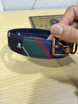 Ralph Lauren Prepster Belt Size 32 – Patchwork Canvas Skull & Stripe – Leather Ends – Preppy Style 