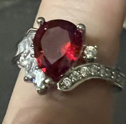Beautiful Red Ruby Cubic Zirconia Silver Ring Sz 5.5