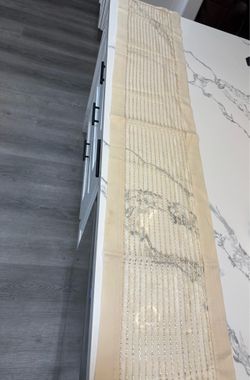 Nice table runner made of fabric decorated with gold stripes. Trimming like a  ivory color.  W12”X L 69 1/2 . See pictures.