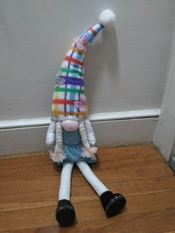 Decorative Gnome Doll With A Colorful Hat With Butterflies And Braided Hair