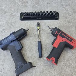 Snap On 3/8 Impact, Screwdriver Gun, One Battery 1/4 Ratchet And 1/4 Socket Set 