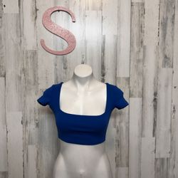 ZARA Blue Square Neck Crop Top Women’s Small  Short Sleeve Stretchy Basic NWT
