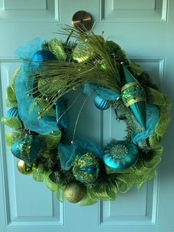 Peacock colors Christmas door wreath