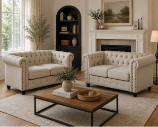 2pcs 2-Seater Chesterfield Loveseat, American Style Velvet 60" W Couch Sofa for Living Room, Bedroom, Office
