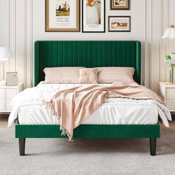 Full Size Velvet Bed Frame, Tufted Wingback Headboard, Green 47'' Modern Vertical Channel Headboard, Upholstered Platform Bed, Wood Slats, No Box Spri
