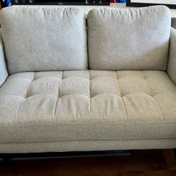 Living Spaces: Ginger Grey Fabric 59" Loveseat | Track Arms | Tufted | Loose Reversible Back