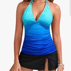 Yonique 2 Piece Swimsuits for Women Halter Tankini Top with Skirt Bottom Tummy Control Bathing Suit Medium