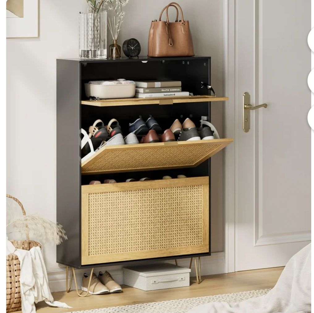 Shoe Cabinet, Shoe Storage Cabinet for Entryway Shoes Organizer Freestanding Organizer with 2 Flip Drawers, 3-tie Narrow Shoe Rack Cabinet, Rattan Oak