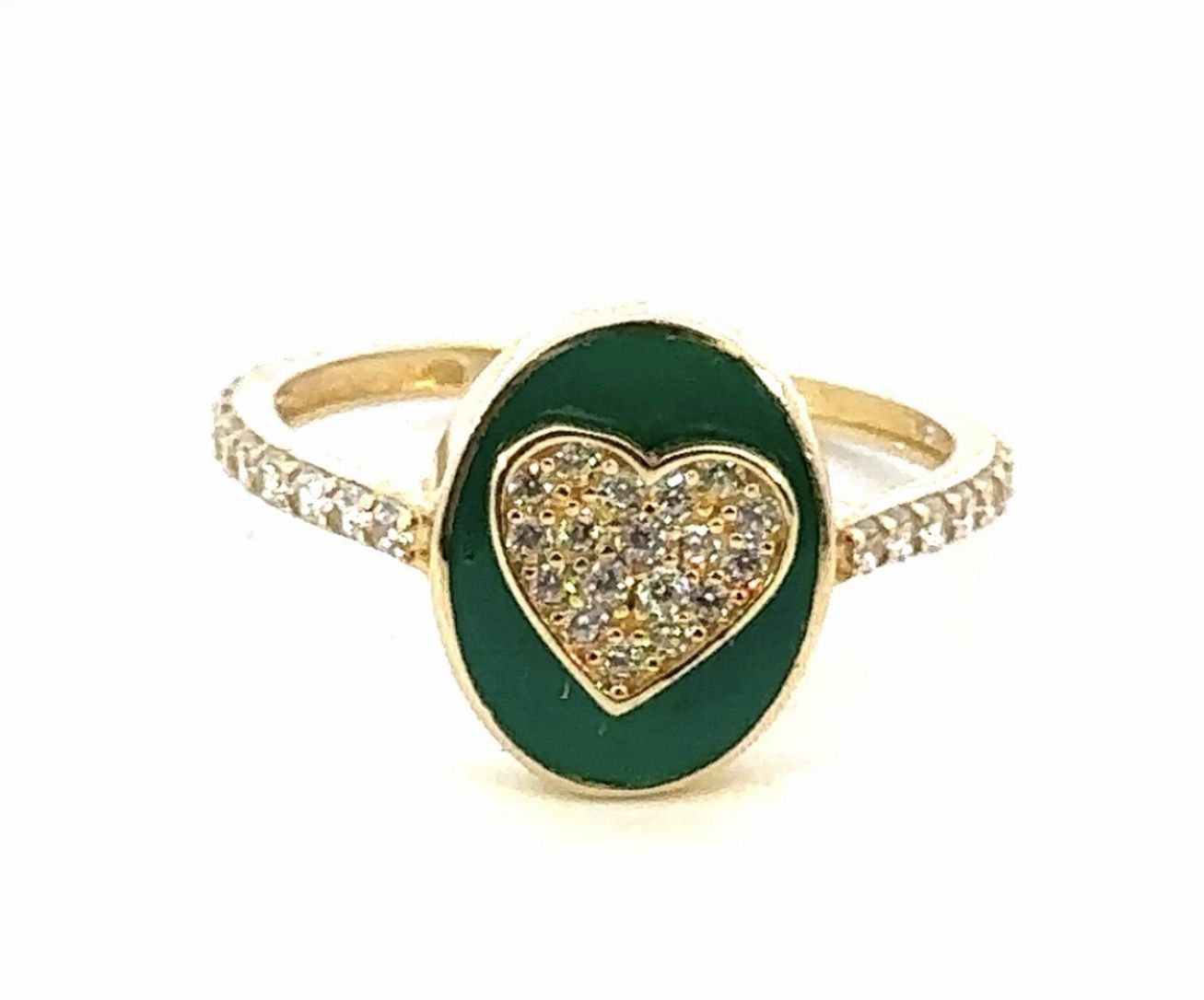 Woman’s Ladies 14k Yellow Gold CZ Cubic Zirconia Green Enamel Heart Ring Size 8 GP3098364