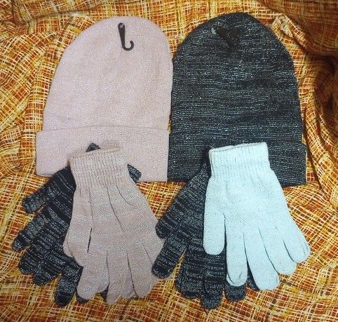 Beanie Gloves Sparkly Glitter Black Pink Blue NEW 