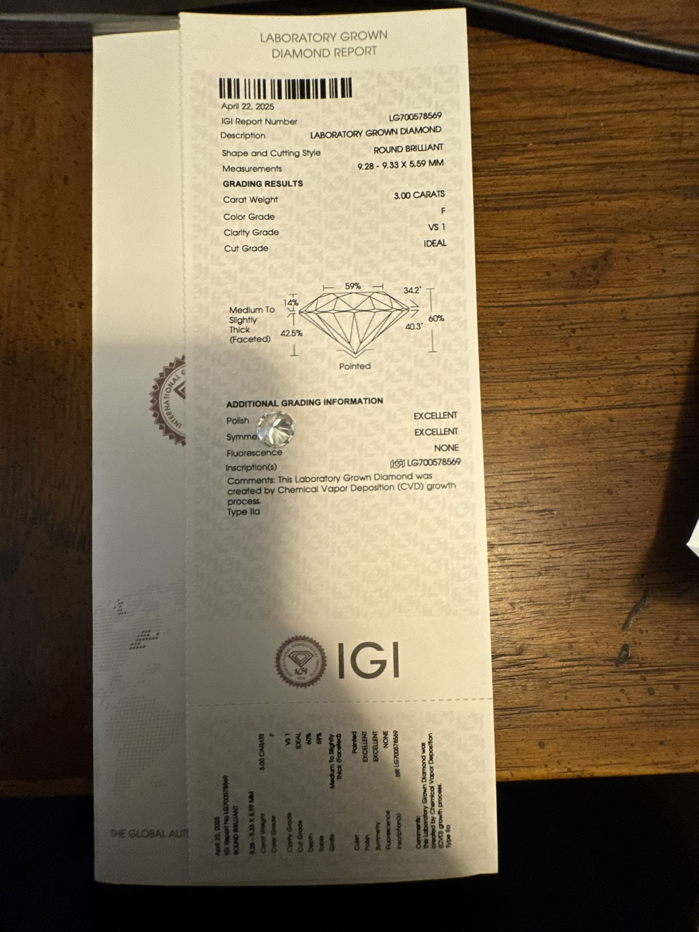 3.00 VS1 ROUND IGI CERTIFIED F COLOR