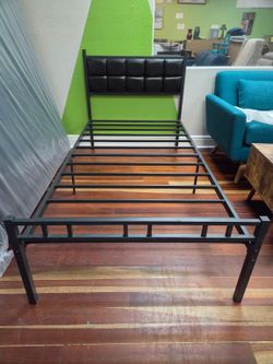 Twin Black Metal Platform Bed Frame with Padded Headboard