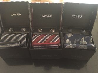 Tie, pocket square and cuff links 100% Silk