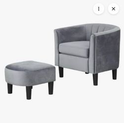 Grey Velvet Barrel Chair with Ottoman