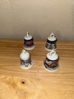 Set of 4 Porcelain Christmas Bells n 3 bear xmas tree ornaments