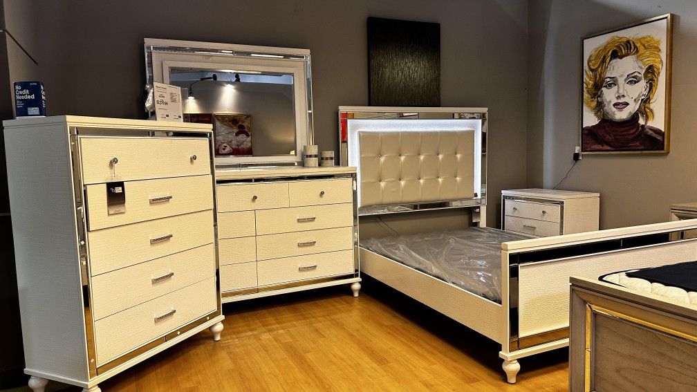 LH ๐$39 Down Payment ๐Valentino Queen Size Bedroom Sets, Queen Bedframe, Nightstand, Chest, Dresser With Mirror