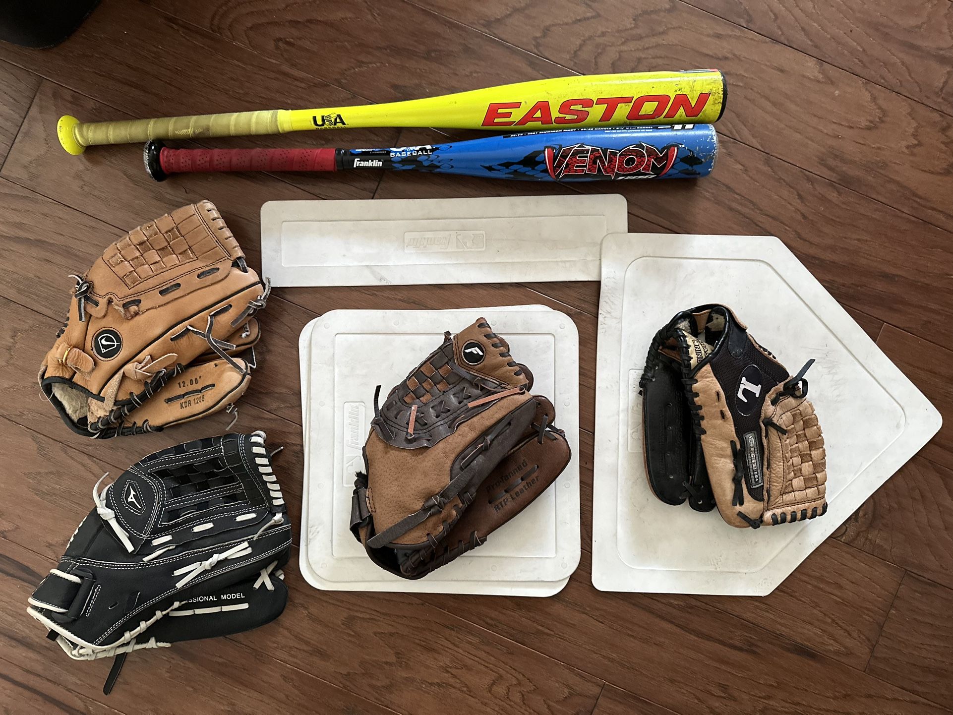 Leather Baseball Gloves And Bases