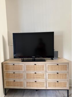 59" Natural Rattan 9 Drawer Dresser for Bedroom, Wide Mid Century Modern Chest of Drawers, Boho