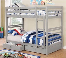 Brand New Grey Twin Size Bunk Bed with Trundle Drawers
