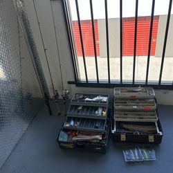 Vintage Fishing Gear Lot, Sticks, Reels Hooks Etc