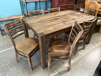 Modern Rustic Dark Wood Rectangular Dining Table w/ 6 Ladder Back Chairs