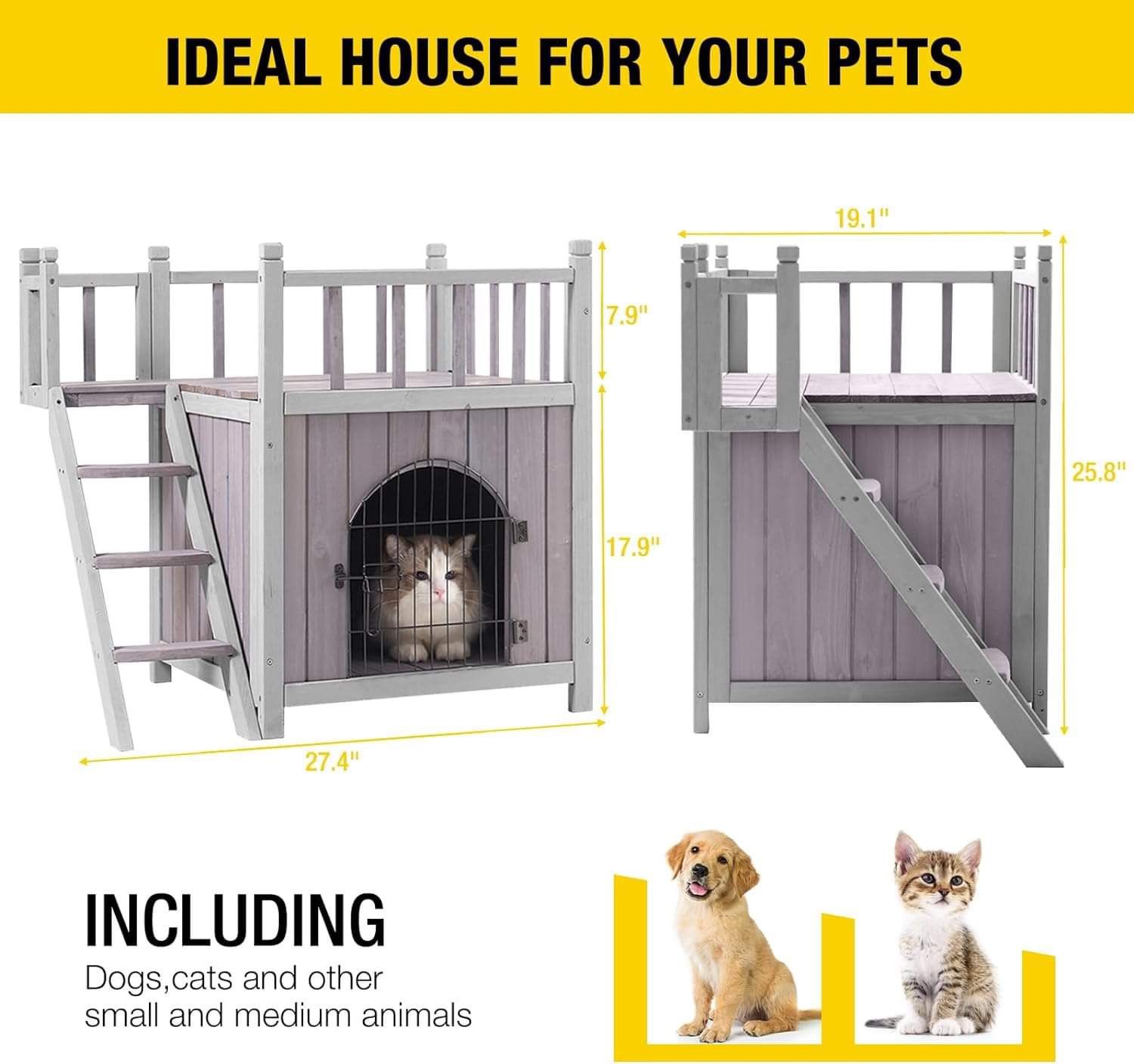 Dog House Feral Cat House Outdoor and Indoor,Pet Houses with Stairs,2 Storys