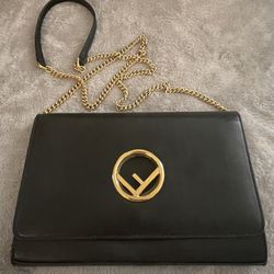 Fendi Black Leather Wallet On Chain Clutch