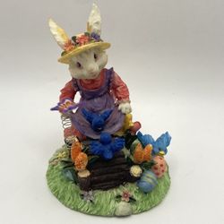 Vtg Girl Bunny in Dress and Hat with Butterfly on a Spring Resin Sitting In a Meadow Flowers Birds 