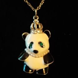 Beautiful Acrylic Rhinestone & Pearl Panda Necklace 