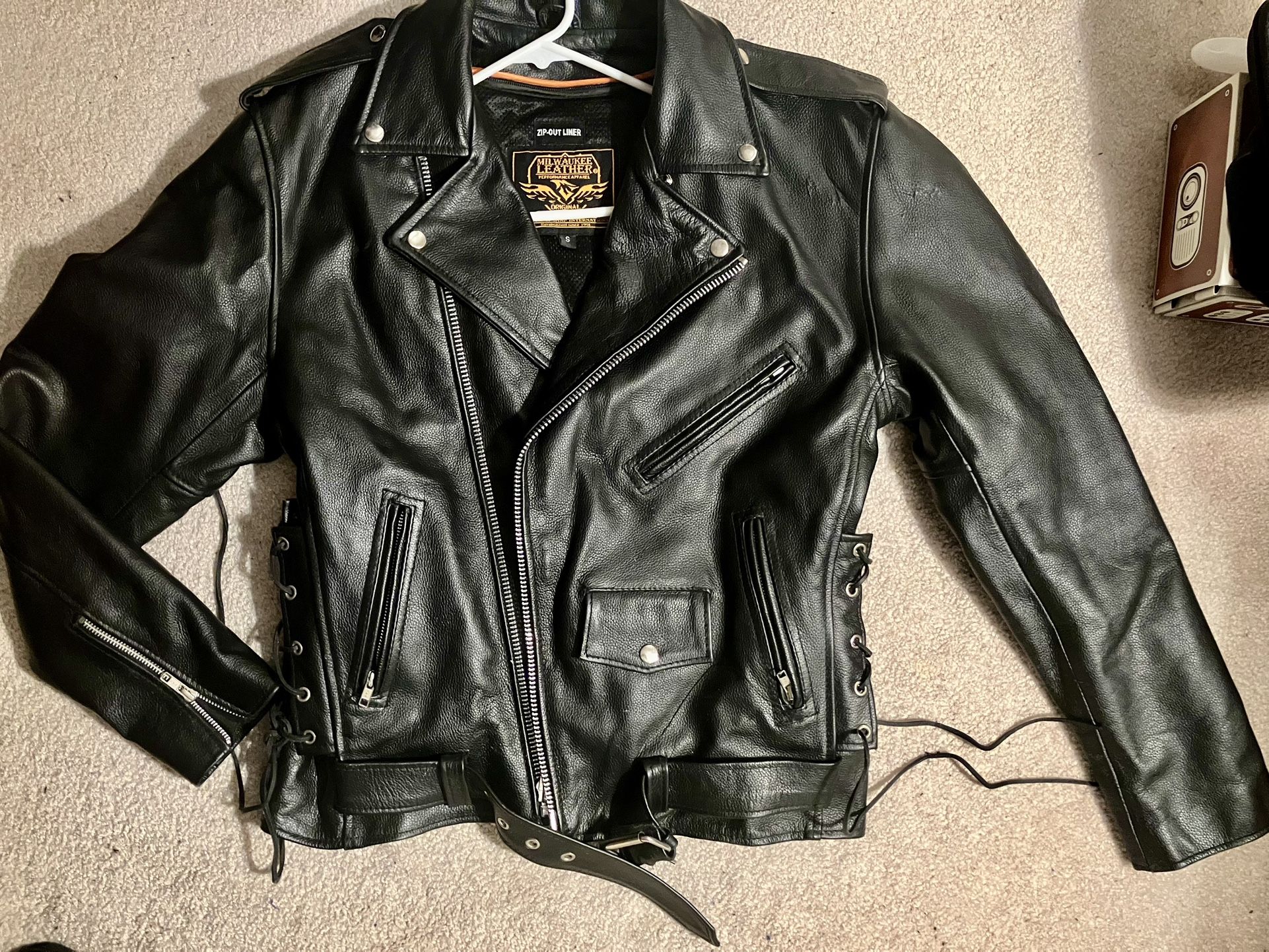 SIZE S MILWAUKEE LEATHER BLACK LEATHER MOTORCYCLE JACKET FOR MEN, THICK POLICE STYLE BIKER JACKET W/ SIDE LACE