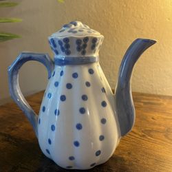 Adorable Ceramic Teapot Blue With Polka Dots EUC.