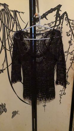 Kapalua Women’s Black Crochet Blouse Tunic Embellished W/Beads Sparkling 